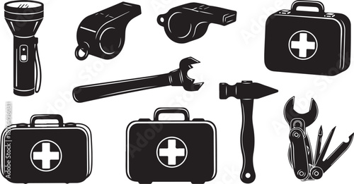Collection of emergency and repair tools and equipment icons