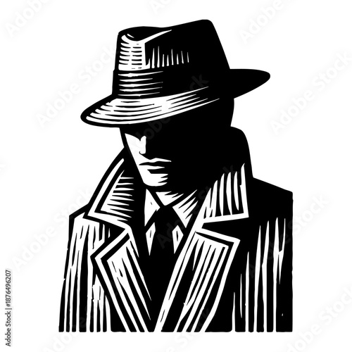 Vintage Detective Hat Shadow Face Trench Coat Black And White Woodcut Illustration