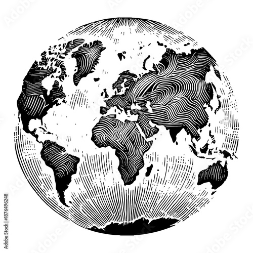 Vintage Engraved World Map Globe with Detailed Continents and Oceans Black and White Line Art