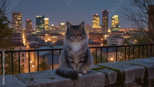 Tabby cat on ledge at twilight