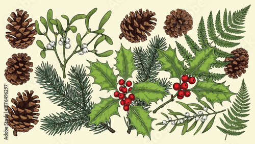 A botanical illustration featuring pine cones holly mistletoe and fern foliage