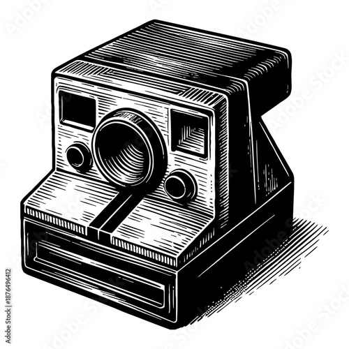 Vintage Instant Camera Black And White Sketch Style Retro Photography Object