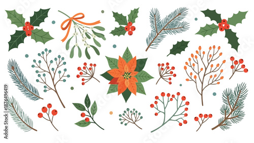 Festive botanical illustration featuring holly mistletoe and winter foliage elements
