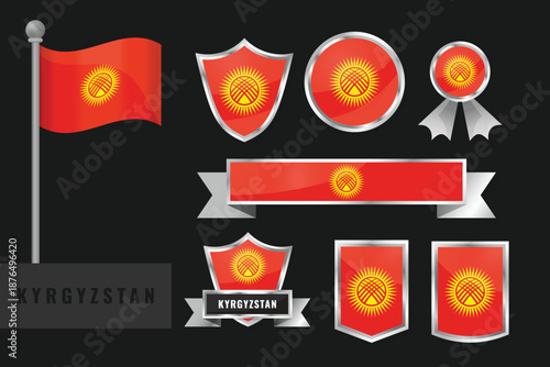 Vector collection of Kyrgyzstan national flags and emblems. Features waving flag, shields, badges, ribbons, banners with red field, golden sun with rays and traditional tunduk (yurt roof) pattern in c