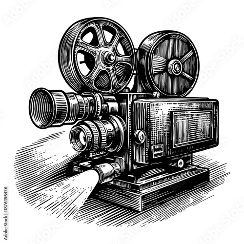 Vintage Movie Projector Black and White Illustration Light Beams