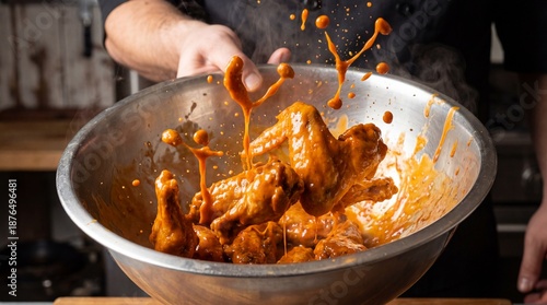 Delicious hot Buffalo chicken wings being tossed vigorously by a chef in a stainless steel mixing bowl, creating a dramatic orange sauce splash and savory rising steam.