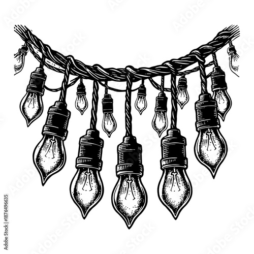 Vintage String Lights With Exposed Bulbs And Dark Cord Against A White Background