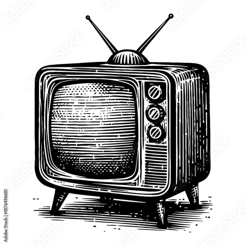 Vintage Television Set With Antenna And Knobs Black And White Engraving Style