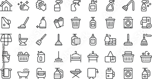 Home cleaning and housekeeping outline icon set featuring hygiene, laundry, bathroom, sanitation, detergents, and household tools symbols for cleaning services, apps, websites