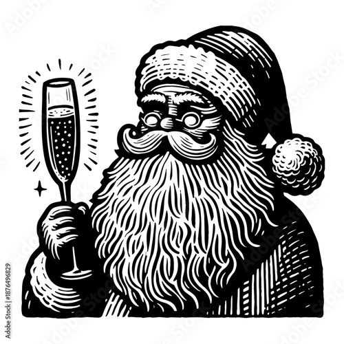 Vintage Woodcut Style Santa Claus Holding Champagne Toast Festive Holiday Celebration