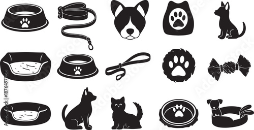 Black and white pet icons and accessories collection