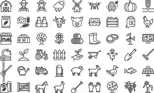 Minimal outline agriculture and farming icon set featuring livestock, crops, tools, organic food, rural life and sustainable farm symbols for web, app, UI UX design