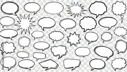 Collection of various black and white comic speech bubbles and explosion effects