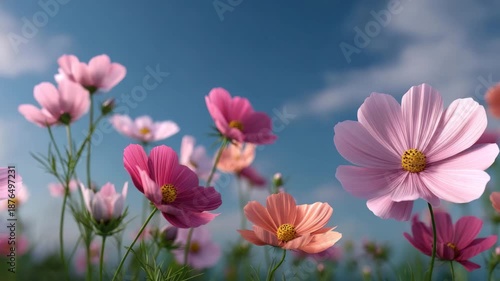 Pink cosmos flower field soft sunlight blue sky with delicate petals and yellow centers conveying calm gentle mood dreamy atmosphere serene wildflower meadow bloom petal sky sunlight field cosmos pink