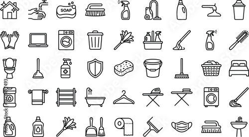Minimal outline cleaning and household icon set featuring hygiene, laundry, bathroom, kitchen and home care symbols for web, app, UI UX design interfaces