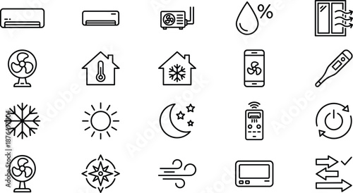 Minimal outline HVAC and climate control icon set featuring air conditioning, heating, ventilation, temperature, humidity and smart home symbols for web, app interfaces