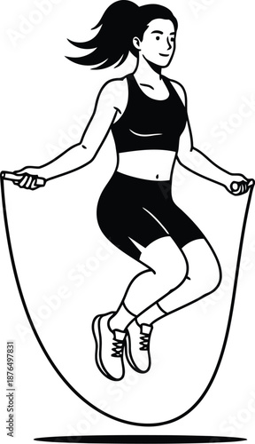 woman jumping rope in silhouette style on transparent background
