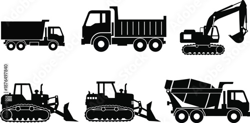 construction vehicles in silhouette style on transparent background
