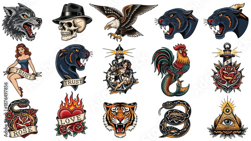 A collection of traditional tattoo designs featuring animals symbols and classic imagery