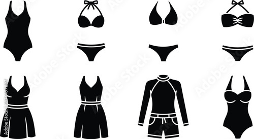 collection of black swimsuits and bikinis silhouette on transparent background