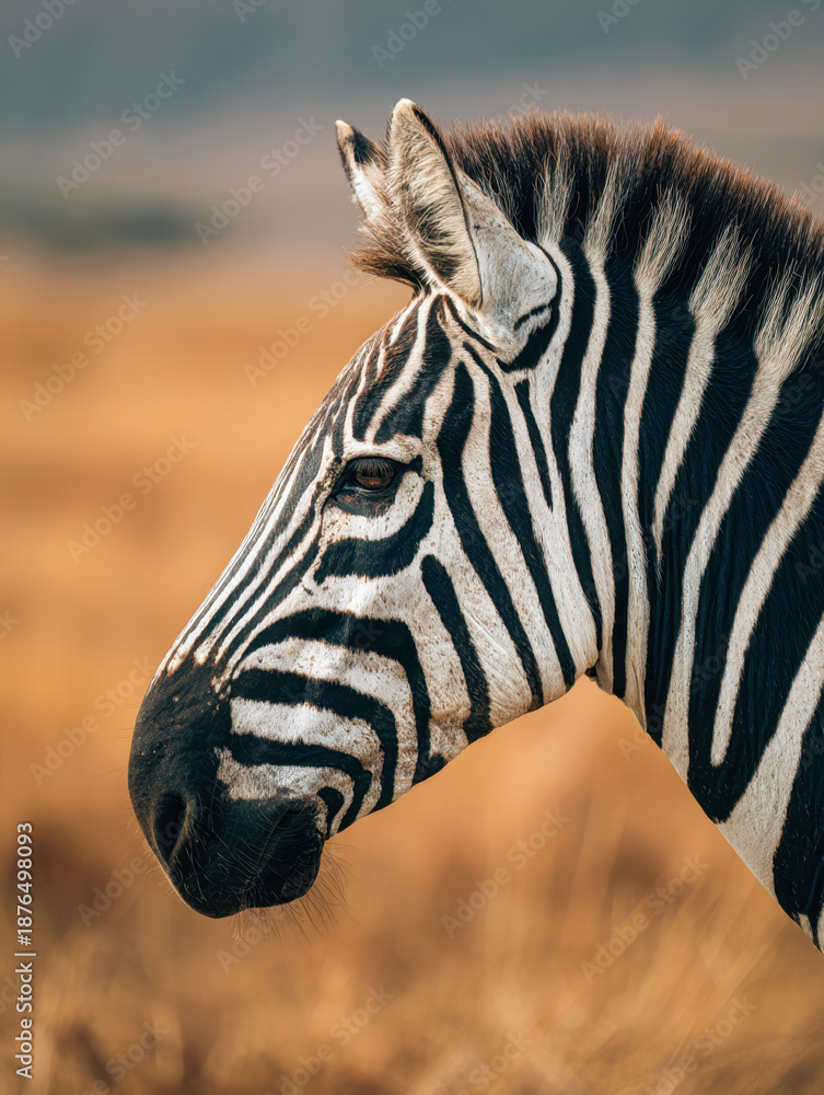 Naklejka premium Side profile of a zebra with striking black and white stripes standing peacefully in warm golden grassland during soft natural daylight in a serene wildlife setting