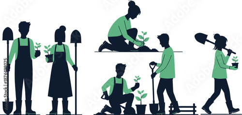people gardening in different poses silhouette on transparent background