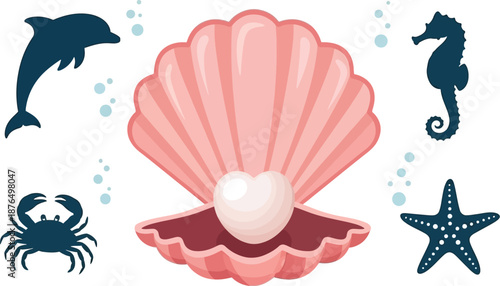 Oceanic creatures and shell on transparent background silhouette