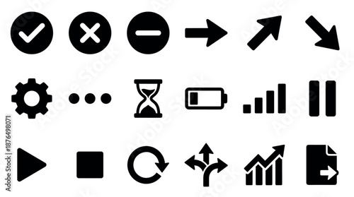 Collection of black flat user interface icons for web and mobile applications, including navigation arrows, media player controls, and system status symbols like battery and signal