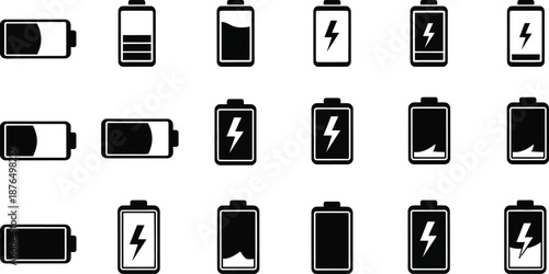 battery icons in various charge levels silhouette on transparent background