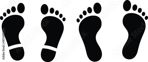black footprints in different angles silhouette on transparent background