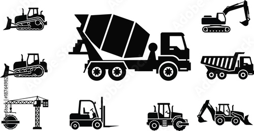 collection of construction vehicles in silhouette style on transparent background
