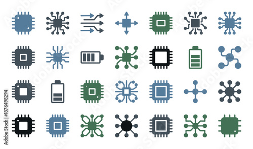 Diverse set of technology icons featuring various microchips, processors, batteries, and abstract network symbols for computing, data, and electronics concepts