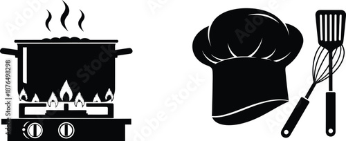 kitchen cooking icons including pot with flames chef hat and utensils silhouette on transparent background