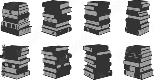 stacks of books in different orientations on transparent background silhouette