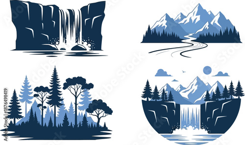nature scenery illustrations with waterfall mountain forest on transparent background silhouette