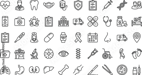 Minimal outline medical icon set featuring healthcare, hospital, doctor, medicine, diagnosis and emergency symbols for web, app, UI UX design interfaces projects