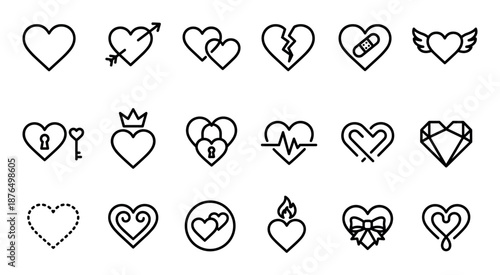 Diverse set of black outline heart icons showing different concepts of love, including a broken heart, a flaming heart, a heart with wings, and a heart with a crown