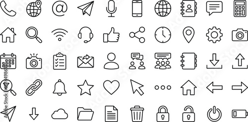 Minimal outline user interface icon set featuring communication, navigation, media, social interaction and essential app symbols for web, mobile, UI UX design interfaces