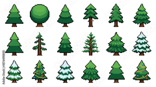 Collection of pixel art trees showing different seasonal variations like summer, winter snow, and decorated Christmas firs, designed as sprites for a retro video game