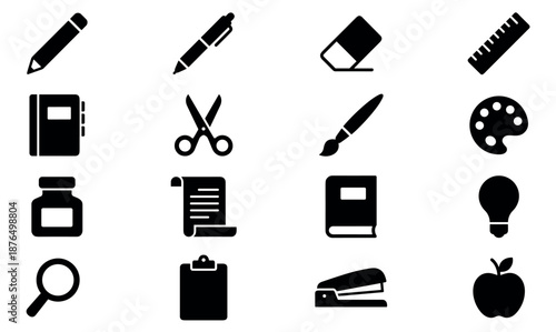 Set of black silhouette school and office icons representing various stationery and art supplies like a pencil, book, scissors, ruler, paintbrush, and lightbulb