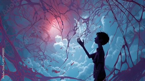 Silhouette of a Person Reaching Towards Abstract Cosmic Sky