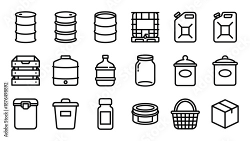 Collection of black outline container icons representing various types of packaging like barrels, cans, bottles, boxes, jars, crates, and baskets for storage and transport