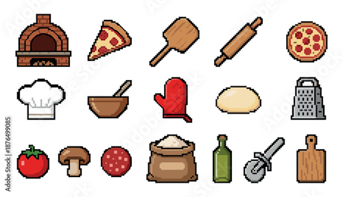 Pixel art icon set of pizza making ingredients and tools including an oven, dough, flour, tomato, and pepperoni for a retro video game or digital menu design