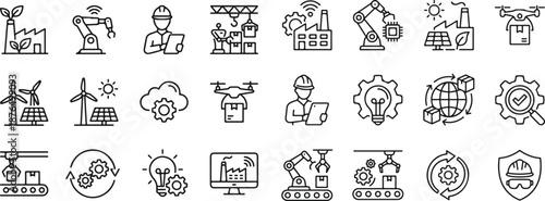 Collection of industrial and technology line icons including robots and renewable energy symbols  industrial and technological advancement concepts