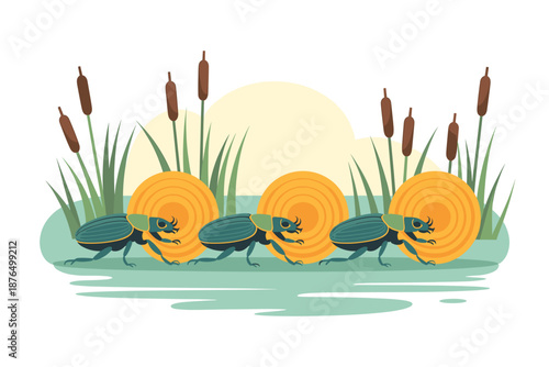 A colorful vector illustration of four beetles walking on cattails in a serene natural setting