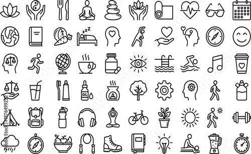 Minimal outline wellness icon set featuring health, fitness, yoga, meditation, nutrition, mental balance and self care symbols for web, app, UI UX design projects