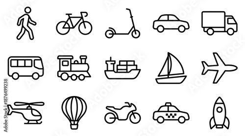 Set of black line transport icons showing various modes of travel including land, sea, and air vehicles in a simple, minimalist outline style for graphic design