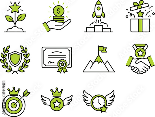 Business success and achievement icons  green and white line illustrations of growth finance and partnership concepts for business and marketing materials  various symbols for success and growth