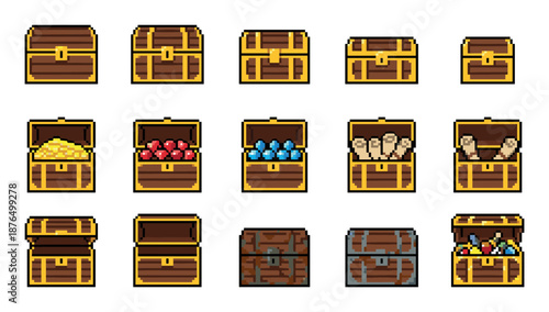 Pixel art treasure chest icon set for video games showing open, closed, and full chests with gold coins, gems, and maps in a retro 8-bit style illustration collection