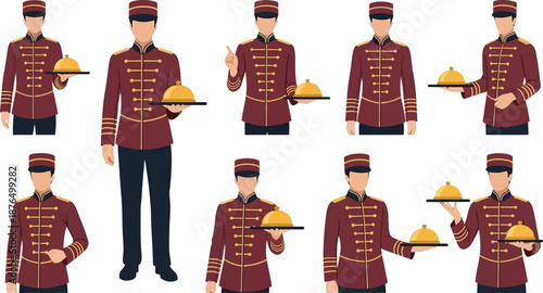collection of bellhop illustrations in various poses silhouette on transparent background